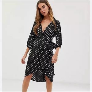 ASOS IN The Style Polka Dot Wrap Midi Dress Black White Size 10